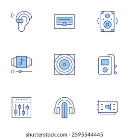 Audio icons set. Line Duotone style, editable stroke. music, sound card, equalizer, hearing aid, playlist, music player, audio system, listening.