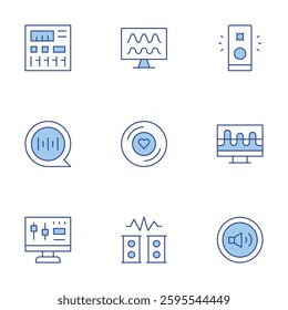 Audio icons set. Line Duotone style, editable stroke. love, speakers, sound equipment, sound wave, music, audio, volume.