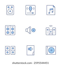 Audio icons set. Line Duotone style, editable stroke. podcast, speakers, speaker, song, home cinema, cd, volume up, audio.