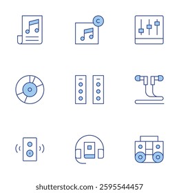 Audio icons set. Line Duotone style, editable stroke. sound mixer, boombox, earphones, speaker, music, vinyl record, audio system, audio, audio guide.