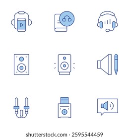 Audio icons set. Line Duotone style, editable stroke. speaker, audiobook, headset, audio, audio jack, audio guide.