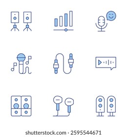 Audio icons set. Line Duotone style, editable stroke. speakers, microphone, loudspeaker, volume, podcast, headphones, voice message, audio jack.