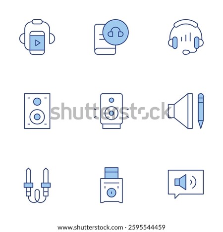 Audio icons set. Line Duotone style, editable stroke. speaker, audiobook, headset, audio, audio jack, audio guide.