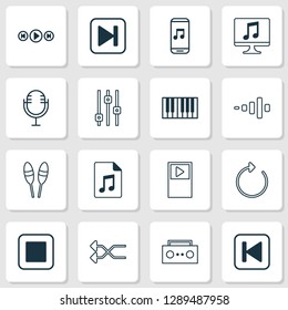 Audio icons set with musical device, shuffle, stop music and other mike elements. Isolated vector illustration audio icons.