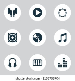 Audio icons set with note, vinyl, mixer and other timbrel elements. Isolated vector illustration audio icons.