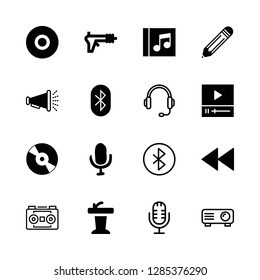 audio icons set with presentation podium with a microphone, megaphone and microphone vector set