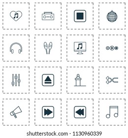 Audio icons set with tape, scene, megaphone and other display elements. Isolated vector illustration audio icons.