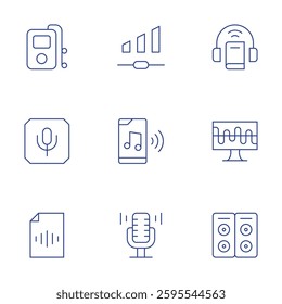 Audio icons set. Thin Line style, editable stroke. volume, music player, microphone, audio, audio book, additive synthesis, speakers.