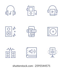 Audio icons set. Thin Line style, editable stroke. speakers, music, music player, sound system, cd, music headphones, audio book, audio file.