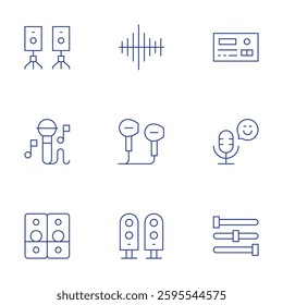 Audio icons set. Thin Line style, editable stroke. speakers, microphone, loudspeaker, car radio, sound waves, podcast, headphones, equalizer.