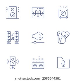 Audio icons set. Thin Line style, editable stroke. speaker, earphones, folder, subwoofer, music speaker, audio waves, sound waves.