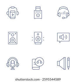 Audio icons set. Thin Line style, editable stroke. speaker, audiobook, headset, audio, audio guide, podcast.