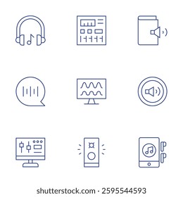 Audio icons set. Thin Line style, editable stroke. sound equipment, sound wave, music, headphones, audio, audio book, volume, handsfree.