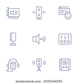 Audio icons set. Thin Line style, editable stroke. radio, controller, speaker, sound card, audio, audio guide.