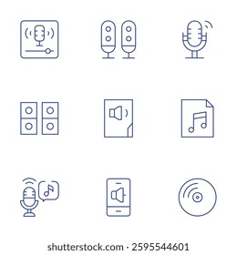 Audio icons set. Thin Line style, editable stroke. podcast, speakers, music, microphone, song, vinyl, sound system, audio.