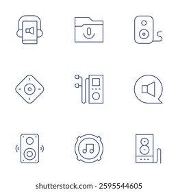 Audio icons set. Thin Line style, editable stroke. podcast, music, sound system, speaker, audio, audio book.