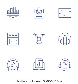 Audio icons set. Thin Line style, editable stroke. podcast, equalizer, dj mixer, music, headphones, audio waves, online learning.