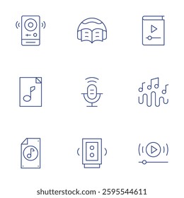 Audio icons set. Thin Line style, editable stroke. music, speaker, speakers, audio file, audio, audio book, music wave, podcast, video.