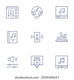 Audio icons set. Thin Line style, editable stroke. mixer, karaoke, speaker, music player, headphone, audio file, audio waves, volume, music book.