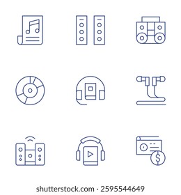 Audio icons set. Thin Line style, editable stroke. boombox, earphones, radio, music, vinyl record, home cinema, audio system, audio guide.