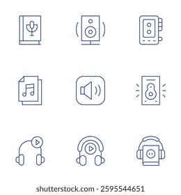 Audio icons set. Thin Line style, editable stroke. book, audio, audio recorder, speaker, volume up, audio book, headphones.