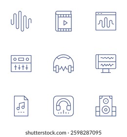 Audio icons set. Thin Line style, editable stroke. music, woofers, listen, audio book, file, editing, sound engineer, waves.