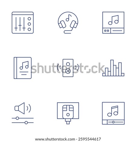 Audio icons set. Thin Line style, editable stroke. mixer, karaoke, speaker, music player, headphone, audio file, audio waves, volume, music book.