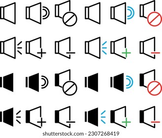 Conjunto de iconos de audio. Ilustración vectorial de una bocina con audio. Símbolo de volumen. Altavoz y ruido. Sin volumen ni silencio.
