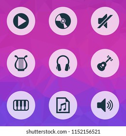 Audio icons set with volume, headphone, guitar and other octave elements. Isolated vector illustration audio icons.