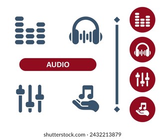 Audio-Symbole. Sound, Equalizer, Musik, DJ, Kopfhörer, Zifferblätter, Hand, Noten, Notensymbol. Professionell, 32x32 Pixel perfekte Vektor-Symbol.