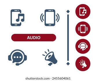 Audio icons. Sound, mobile phone, smartphone, music note, ringtone, podcast, megaphone icon. Professional, 32x32 pixel perfect vector icon.