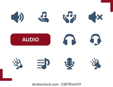 Audio Icons. Sound, Music, Volume, Speaker, Headphones, Microphone, Music Note Icon. Professional, pixel perfect vector icon set.