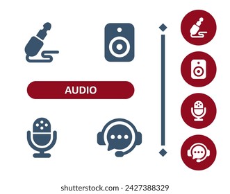 Iconos de audio. Sonido, conector de audio, conector de audio, altavoz, micrófono, podcast, auriculares, icono de auriculares. Profesional, icono de vector perfecto de 32x32 píxeles.