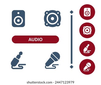 Audio-Symbole. Sound, Lautsprecher, Audio-Stecker, Audio-Buchse, Mikrofon-Symbol. Professionelles Symbol für perfekte Vektorgrafik mit 32 x 32 Pixeln.
