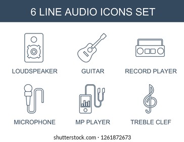 audio icons. Trendy 6 audio icons. Contain icons such as loudspeaker, guitar, record player, microphone, mp player, treble clef. audio icon for web and mobile.