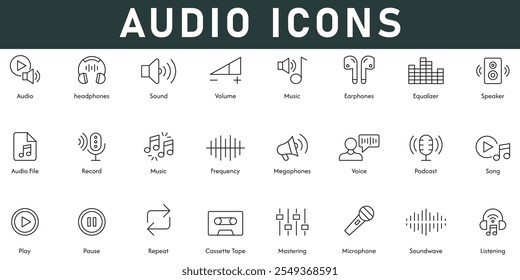 Iconos de audio Ilustración vectorial con trazo editable de línea delgada contiene auriculares Volumen de sonido Ondas sonoras de música Reproducir canción Megáfono Grabar archivo de audio Altavoz Ecualizador Pausa Masterización