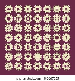 Audio icons vector set. Vector media player icons set. Isolated on vinous background beige white round icons.