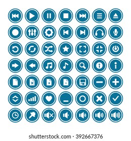 Audio icons vector set. Vector media player icons set. Isolated on white background blue white round icons.