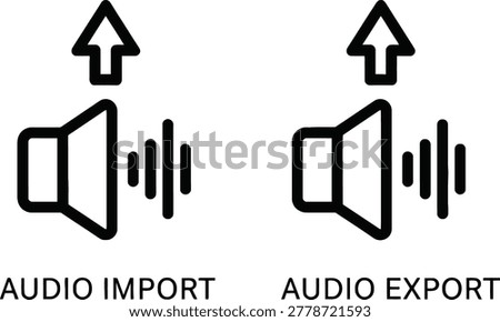 Audio import and audio export icons with volume symbol download transfer soundwave technology communication playback processing workflow frequency