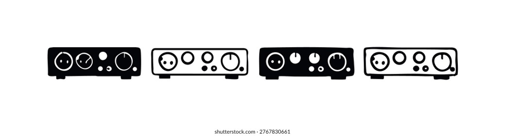 Audio interface and amplifier icon set. Music production equipment vector collection.