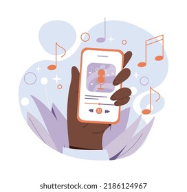 Audio interface concept. Character listening to audio files on smartphone. Music lover, player. Modern technologies, gadgets and devices. Social media content. Cartoon flat vector illustration