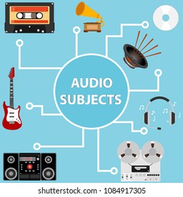 Audio items, a set of audio systems. Flat design, vector illustration, vector.