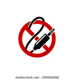 Audio jack 3.5 mm in ban sign. Vector icon illustration.