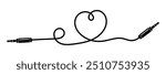 Audio jack 3.5 mm. Black vector illustration. AUX Male to Male plug audio stereo headphone extension cable. Love heart shape cable