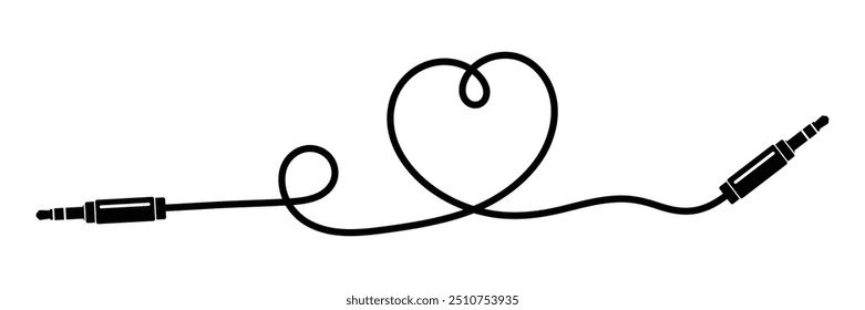 Conector de audio de 3,5 mm. Ilustración vectorial negra. AUX Macho a Macho enchufe audio estéreo cable de extensión de auriculares. Amor en forma de corazón cable