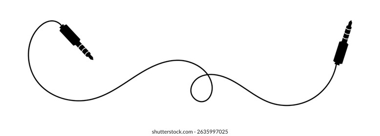Audio jack 3.5 mm. Black stereo audio cable. Vector illustration. 3.5 mm stereo audio extension cable isolated . EPS 10 .