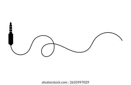 Audio jack 3.5 mm. Black stereo audio cable. Vector illustration. 3.5 mm stereo audio extension cable isolated . EPS 10 .
