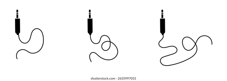 Audio jack 3.5 mm. Black stereo audio cable. Vector illustration. 3.5 mm stereo audio extension cable isolated . EPS 10 .