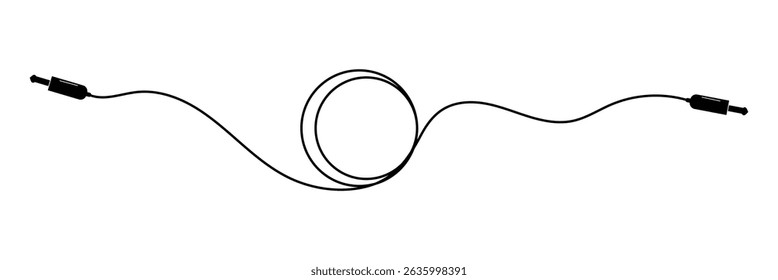 Audio jack 3.5 mm. Black stereo audio cable. Vector illustration. 3.5 mm stereo audio extension cable isolated . EPS 10 .
