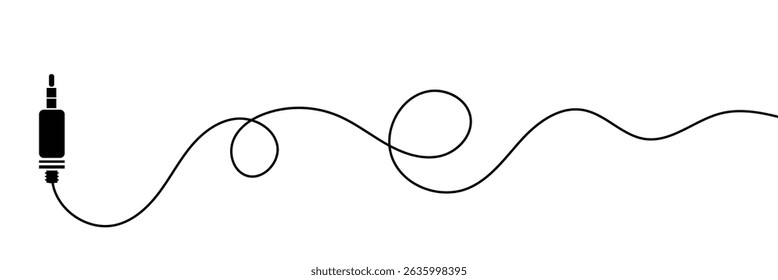 Audio jack 3.5 mm. Black stereo audio cable. Vector illustration. 3.5 mm stereo audio extension cable isolated . EPS 10 .
